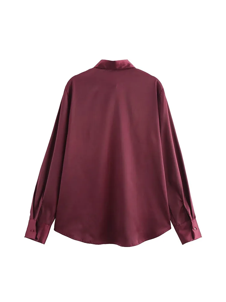 Burgundy satin shirt for women, loose commuting, fashionable, high-end, elegant, skin-whitening, long-sleeved shirt