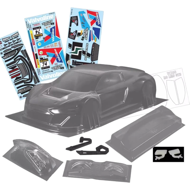 

TC168 1/10 R8 GT3 On Road Clear Lexan Body Shell W/Rear Wing + Light Buckles, Wing Mount, Mirrors sets, 257mm Tamiya TT-01 TT-02