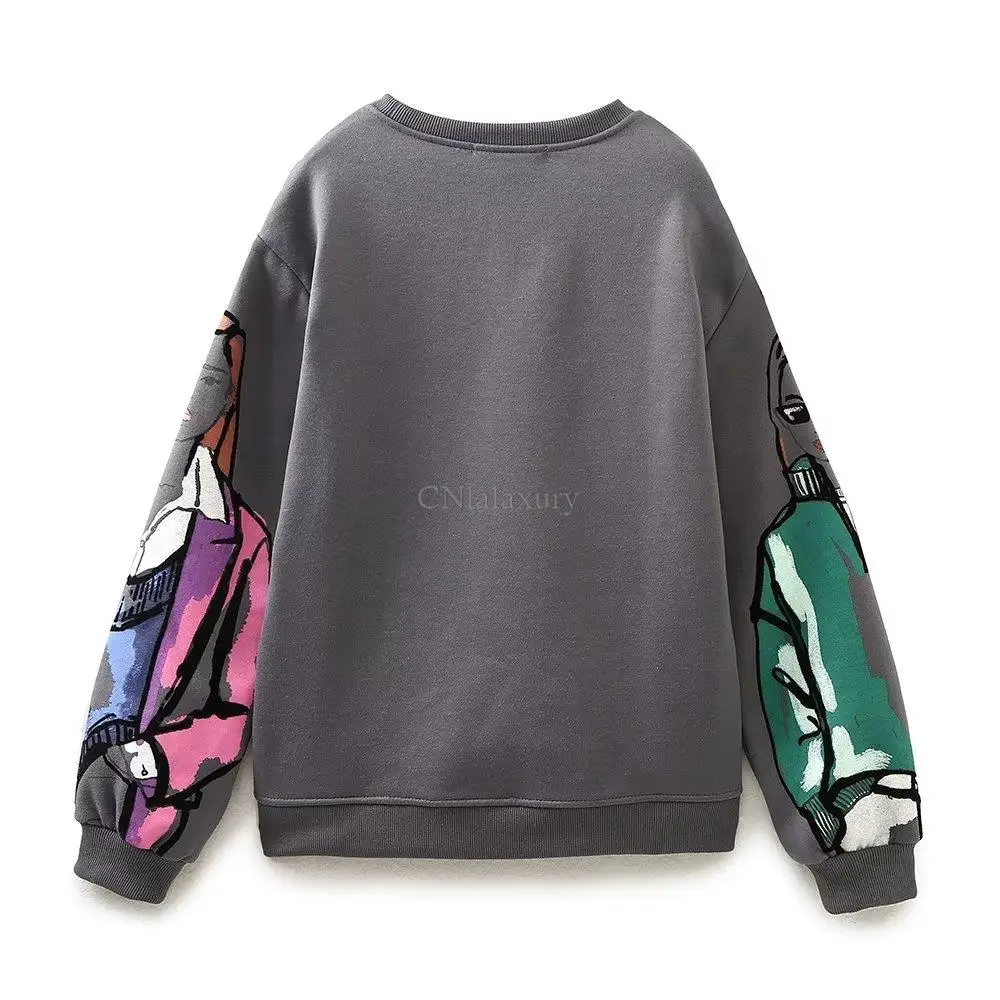 CNlalaxury Autumn Winter Woman Solid Color Round Neck Printed Sweatshirt Casual Long Sleeve Fashion Pullover Sudaderas Female