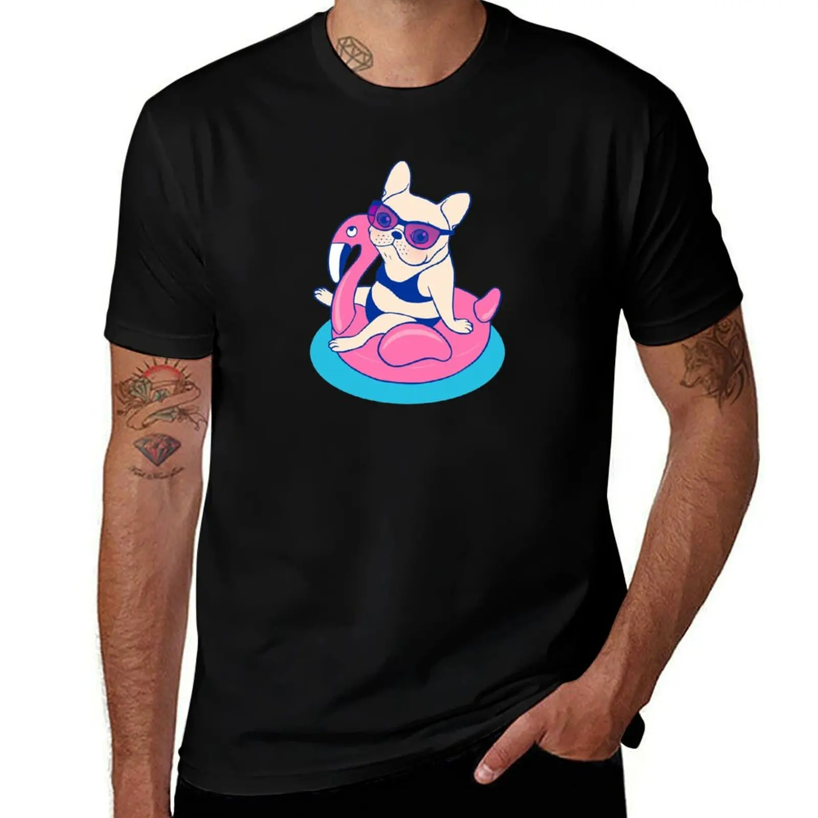 Camisetas Flamingo Summer disfruta de camiseta en camisa Piscina hombre en natación Flotador personalizado algodón Frenchie piscina