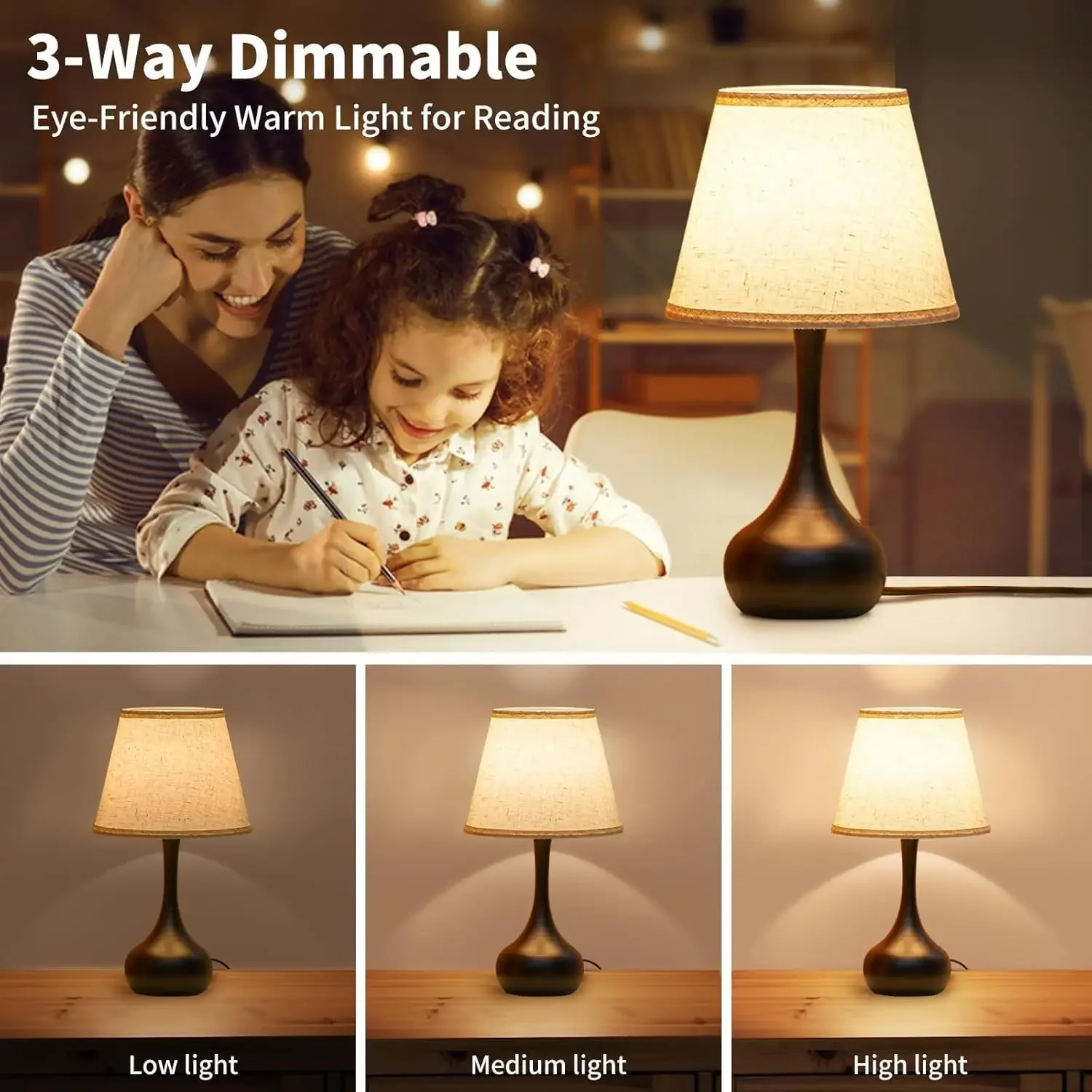 Touch Bedside Lamp Set of 2, Farmhouse 3-Way Dimmable Table Lamps for Nightstand with Fabric Shade, Desk Lamp for Reading, Bed