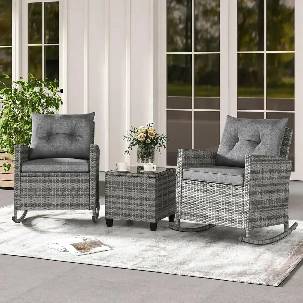 3-Piece Outdoor Wicker Rocking Bistro Set with Glass Table for Patio, Balcony, Deck, or Poolside in Mix Grey