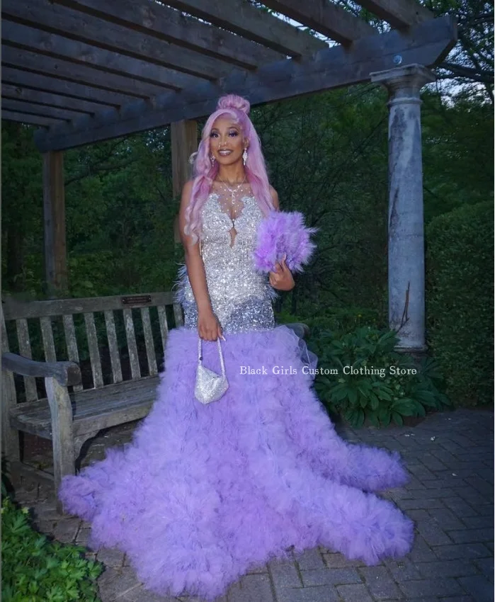 Lilac Purple Lace Mermaid Prom Party Dress 2024 Elegant Feather Diamond Applique Black Girls Celebrity Dresses robe de soirée