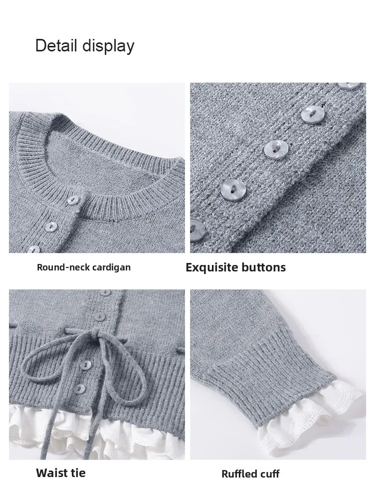 

Джинсы-запад, вязаный длинный открытый кардиган све, женский осенний новый цветной воротник, маленький топок с кружевным подолом, топ-джат