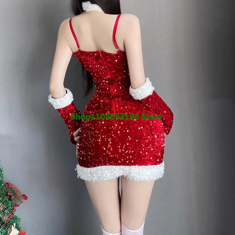 Sexy bodycon feminino natal sexy senhora papai noel cosplay traje lingerie sexy inverno vestido vermelho vestido de festa de ano novo