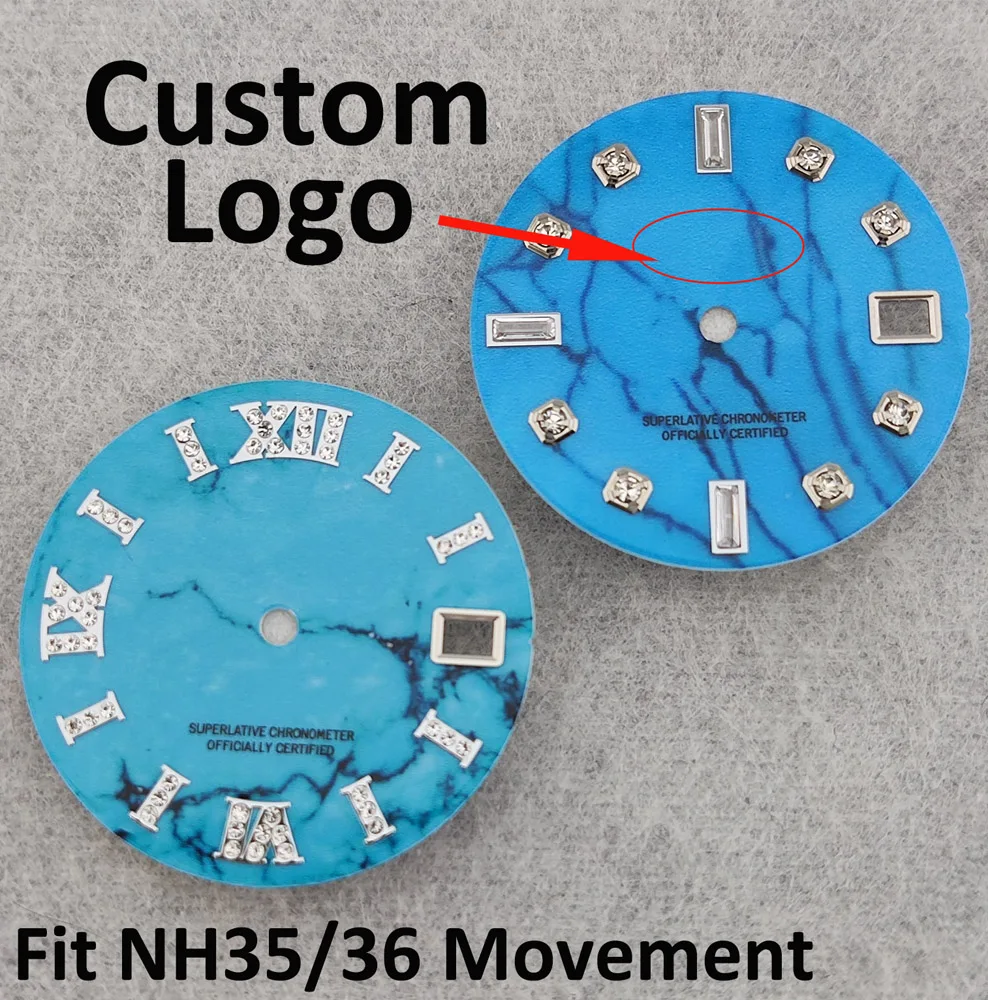 Esfera NH35 de 28,5mm, esfera de diamante integrada, calendario único, esfera agrietada adecuada para movimiento NH35/NH36, esfera azul de alta calidad