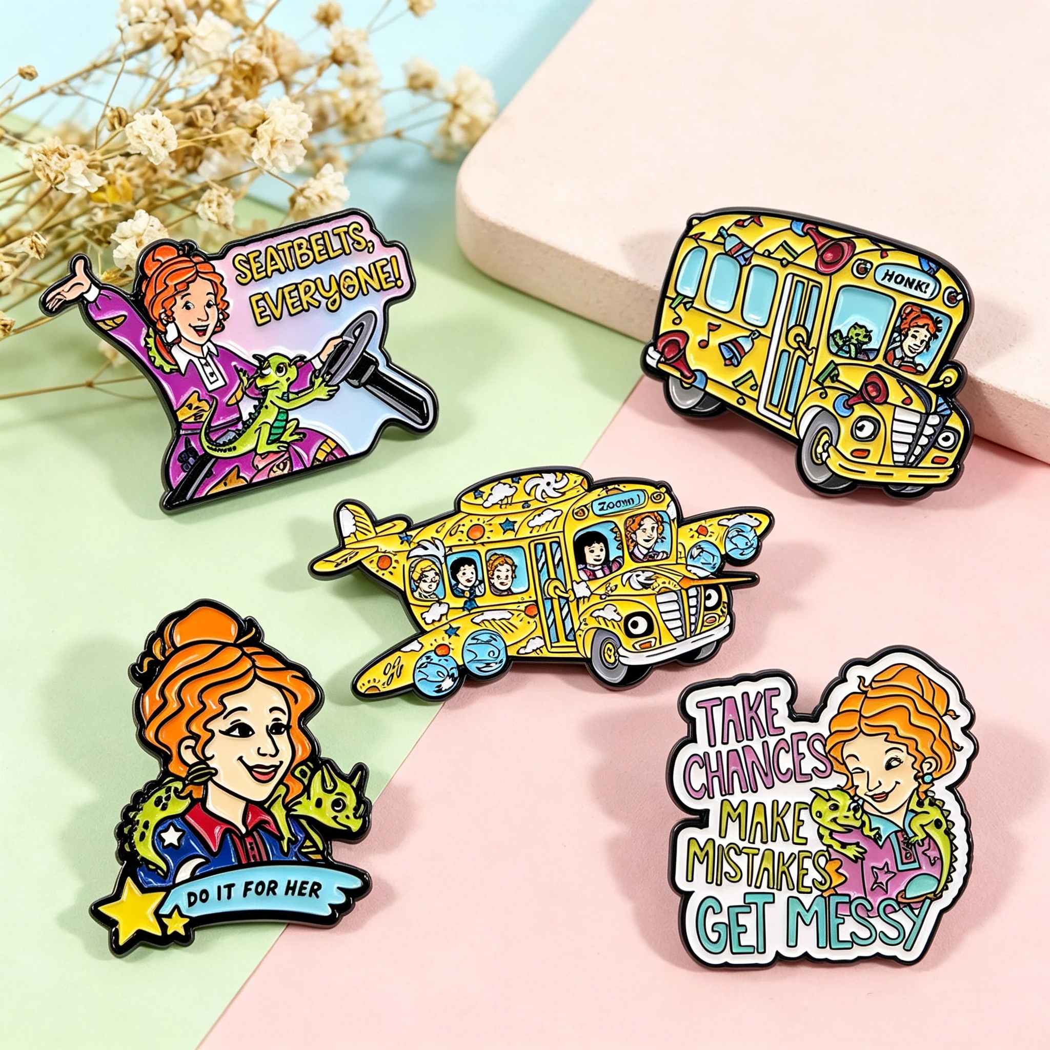 5pcs/Set Cartoon School Bus Enamel Pin Classic Teacher Brooch Pines Lapel Pins Badge on Backpack Accessories Jewelry Friend Gift