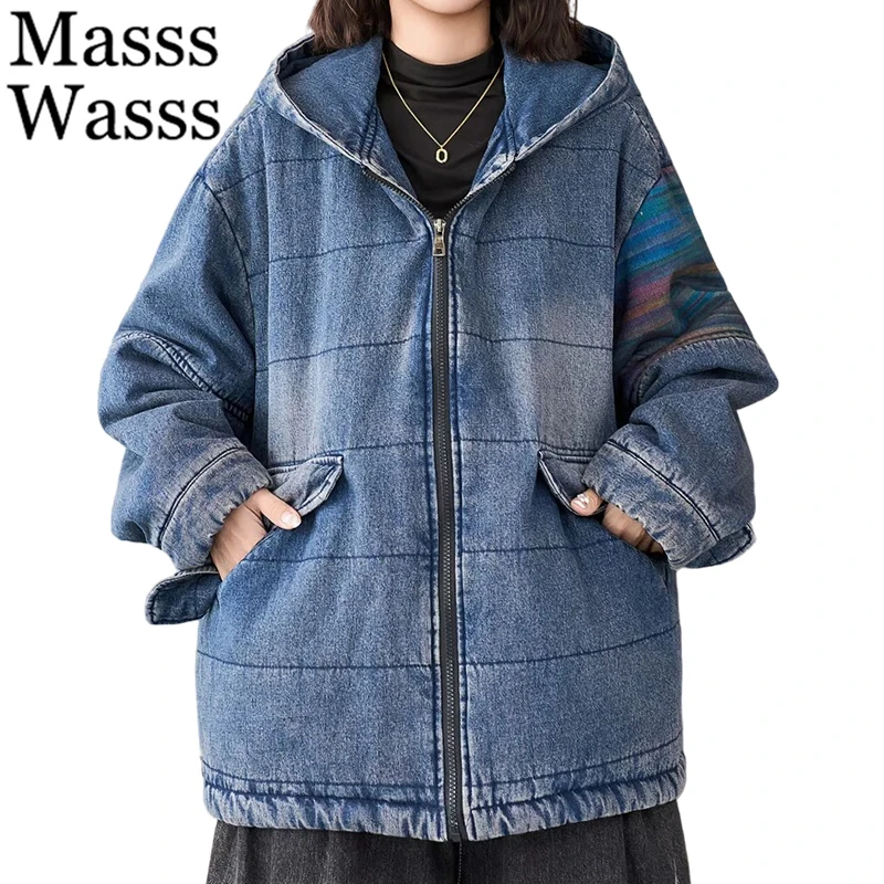 

Masss Wasss 2025 Winter Korean Thicken Denim Parkas Womens Casual Classic Patchwork Loose Coats Fashion Printed Quilted Jeackets