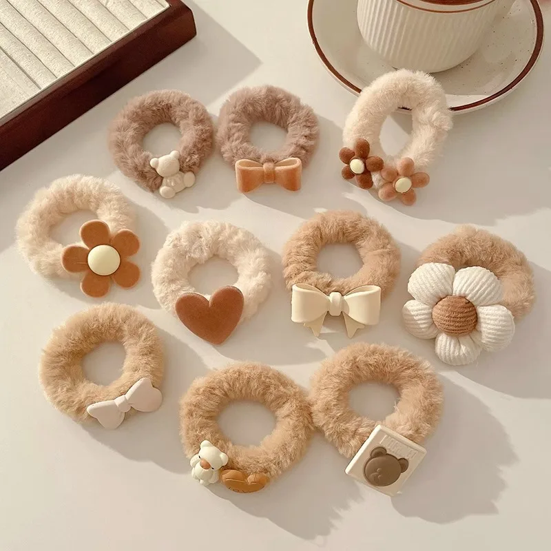 5pcs/set Milk Coffee Color Hair Accessories Combination Girls Tie Their Hair with Plush Loops New Solid Cartoon Style for Girls