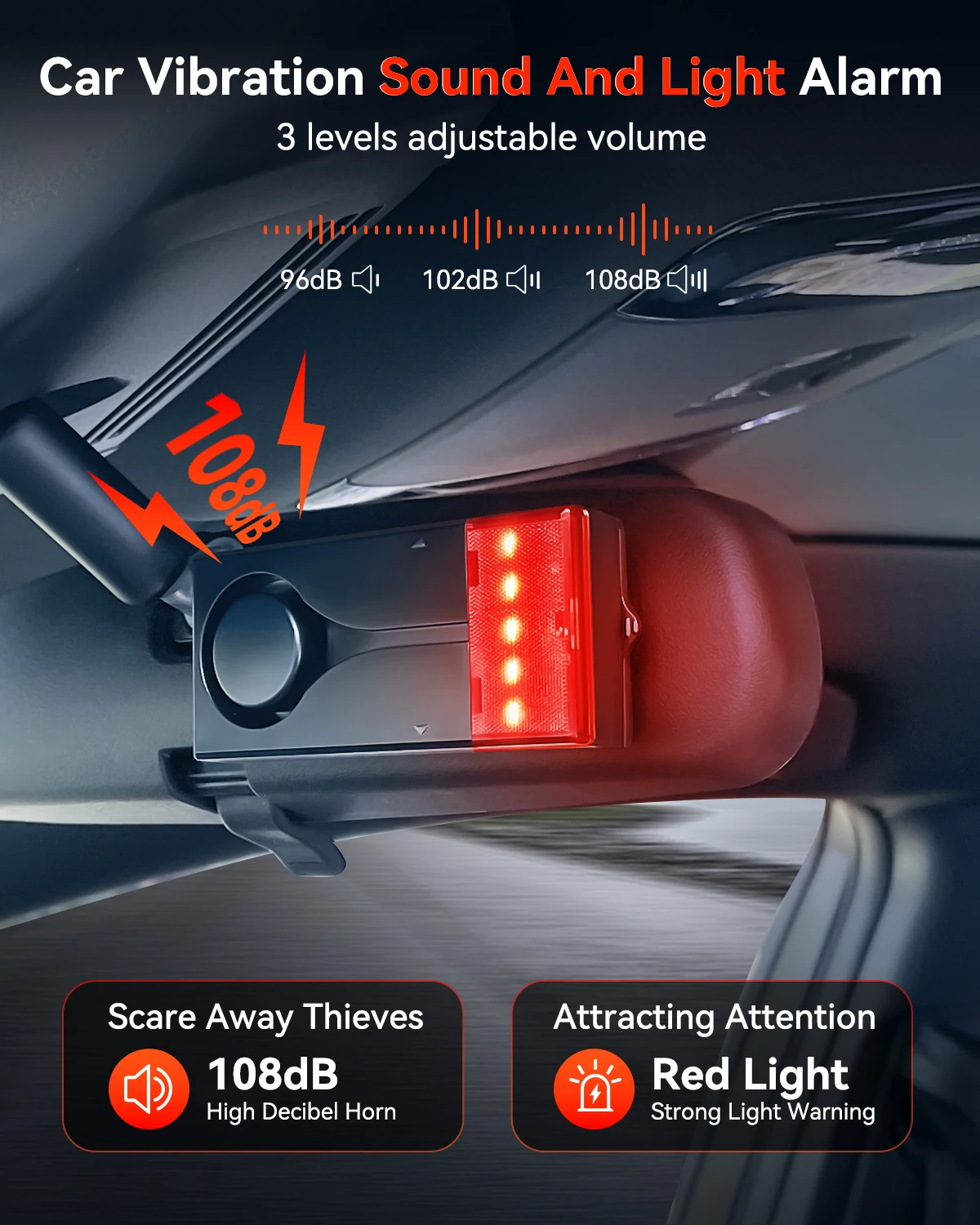 108dB إنذار Rv للسيارة مع ضوء تحذير إنذار نافذة الباب إنذار التحكم عن بعد حساسية عالية الاستشعار إنذار