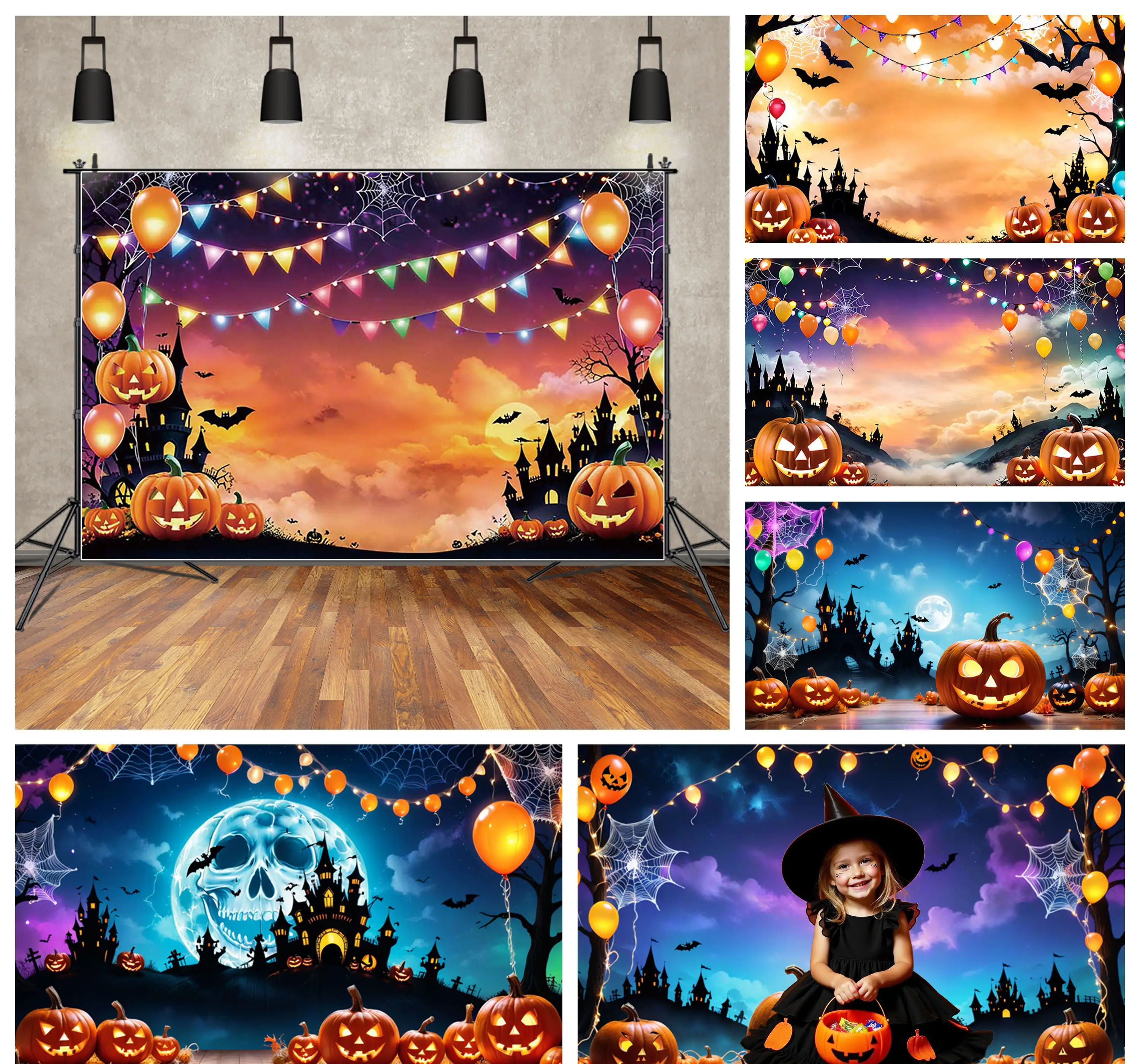 

MOON.QG Halloween Pumpkin Backgrounds for Photographs Banner Photobooth Light Castle Cloud Backdrop Baby Birthday Accessories
