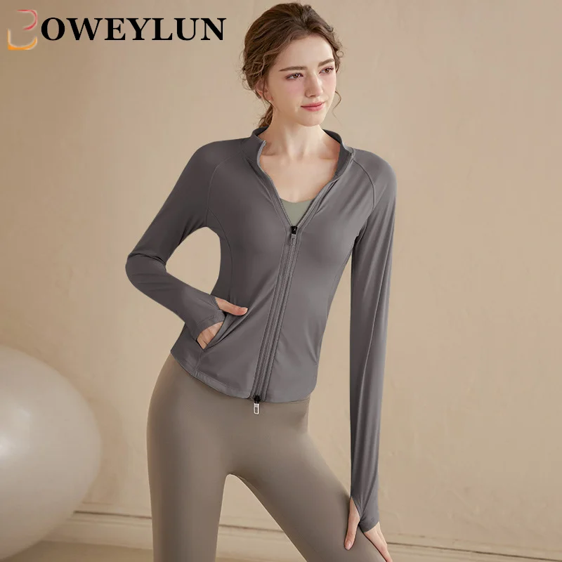 

BOWEYLUN Double Zipper Stand-up Collar Yoga Clothing Jacket Female Running Cycling Long-sleeved Sports Tops Autumn Winter Women