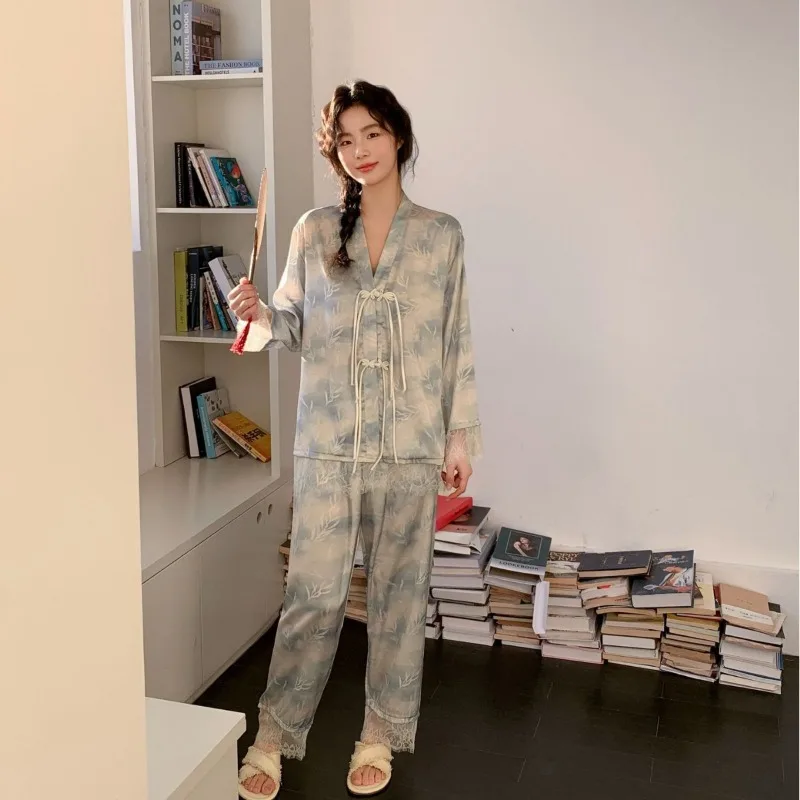 Ethnic style pajamas, women's bamboo leaf buckle, Chinese style imitation silk women's home clothing, new ice silk thin style