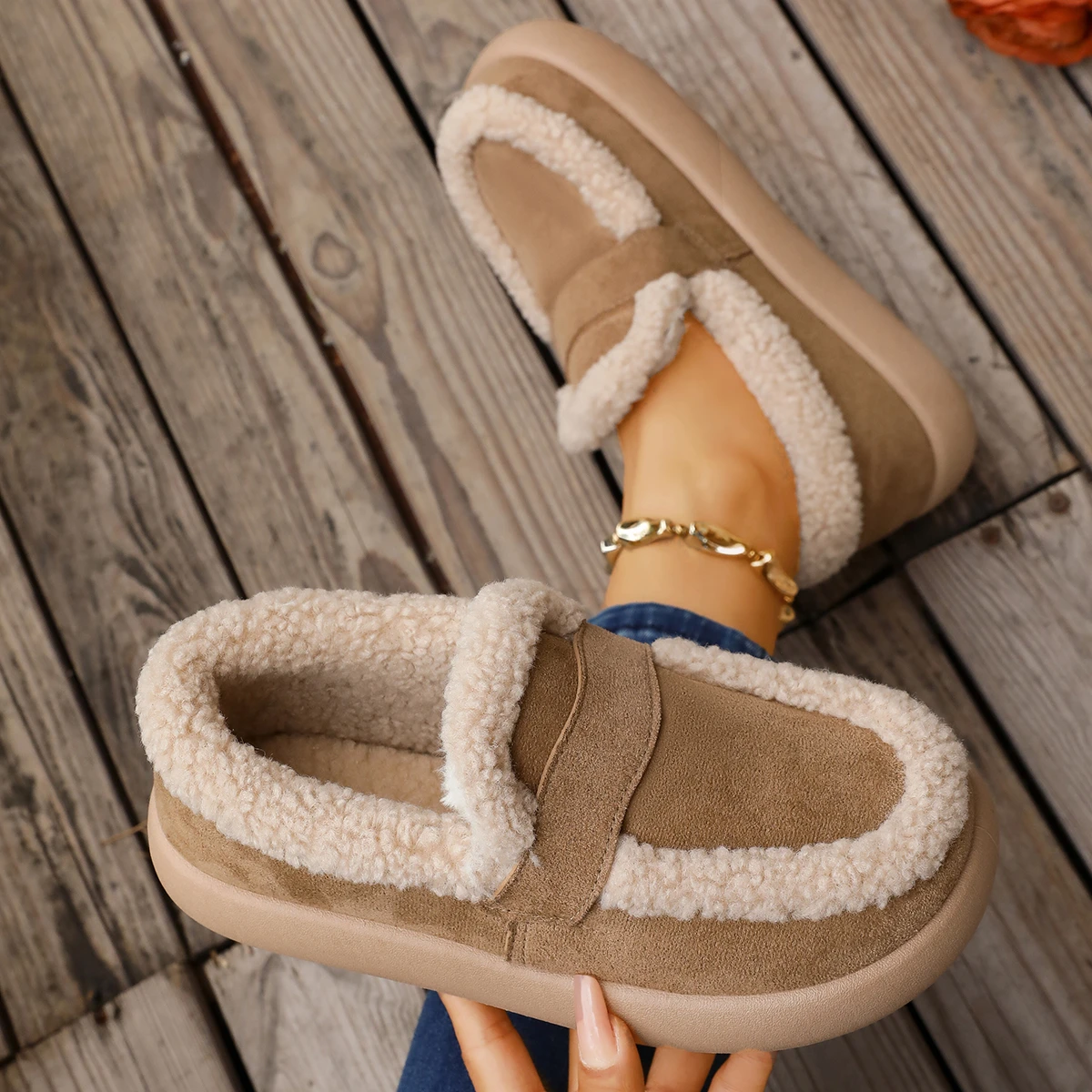Penny Loafers Women Cow Suede Leather Solid Color Round Toe Warm Flats Classical Furry Ladies Shoes Handmade Snow Boots