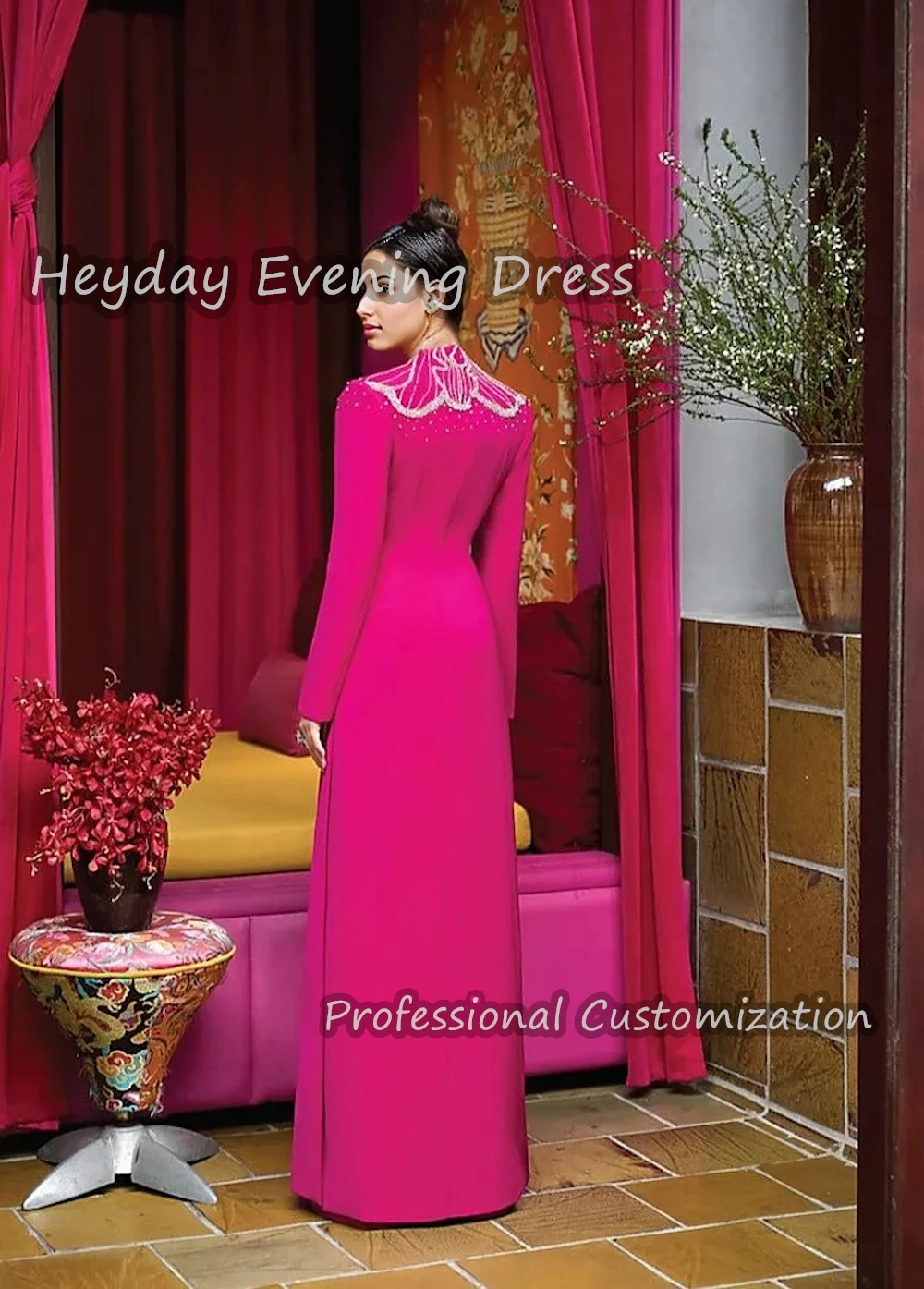 Heyday O-Neck Saudi Beaded Prom Party Gown Sexy Crepe Long Sleeves Floor Length Straight Elegant  Dress For luxurious Woman 2024