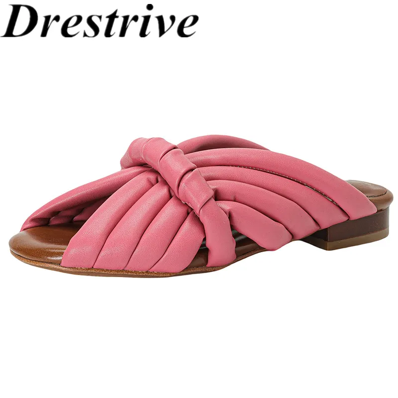 

Drestrive 2024 Fashion Women Slippers Round Peep Toe Low Heels Summer Shoes Cow Leather Big Size 41 Outside Top Quality Handmade