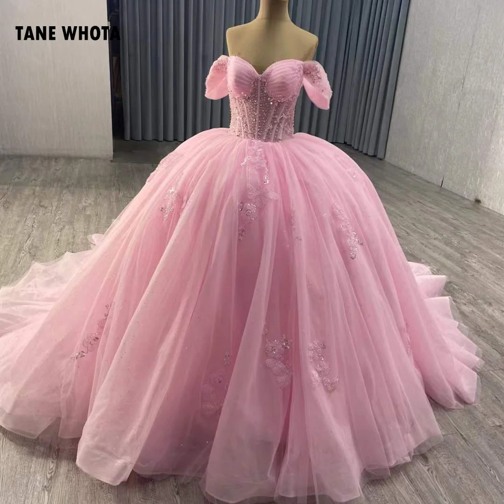 

Vestido 15 Anos Debutante Off Shoulder Sweetheart Appliques Lace Up Back Beading Pink Long Dress For Special Occasions