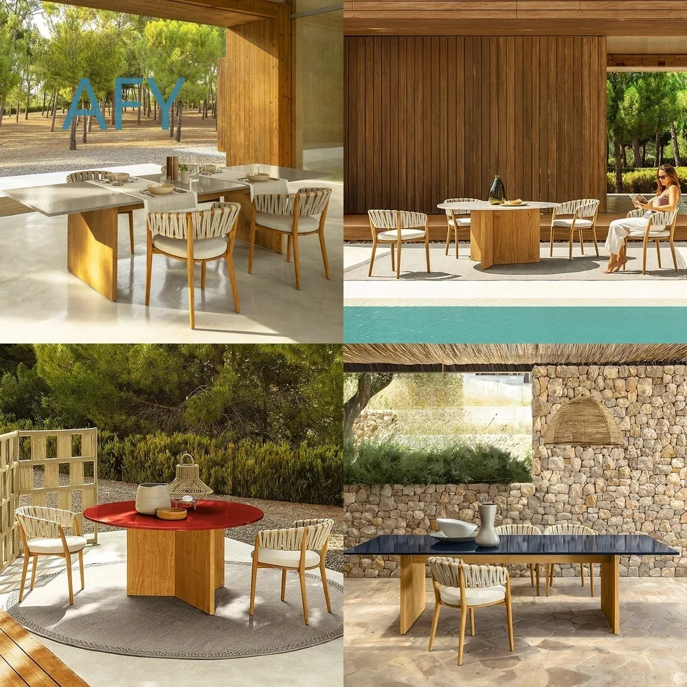 Outdoor Solid Wood Dining Table and Chairs Set for Villa Hotel Outdoor Restaurant Rain Sun Protection Rattan Weaving Teak