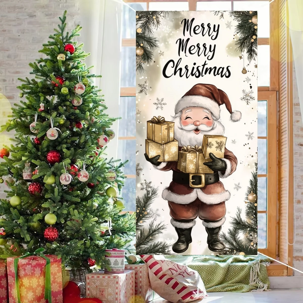 Cartoon Santa Claus Door Lining 2024 Door Cover Christmas Outdoor Decoration Home Xmas Ornament 2025 New Year Party Home Banner