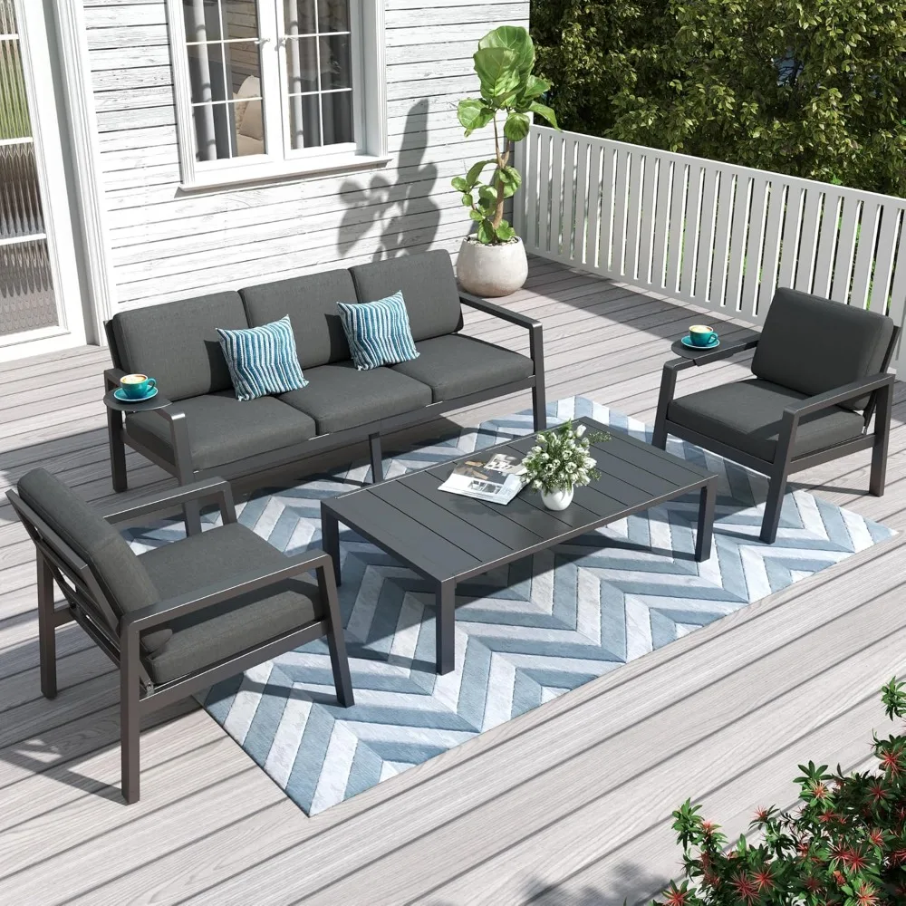 

4 Piece Outdoor Patio Furniture Set, Conversation Sets, All-Weather Metal Frame Sofas with Cushions and Coffee Table, for Garden
