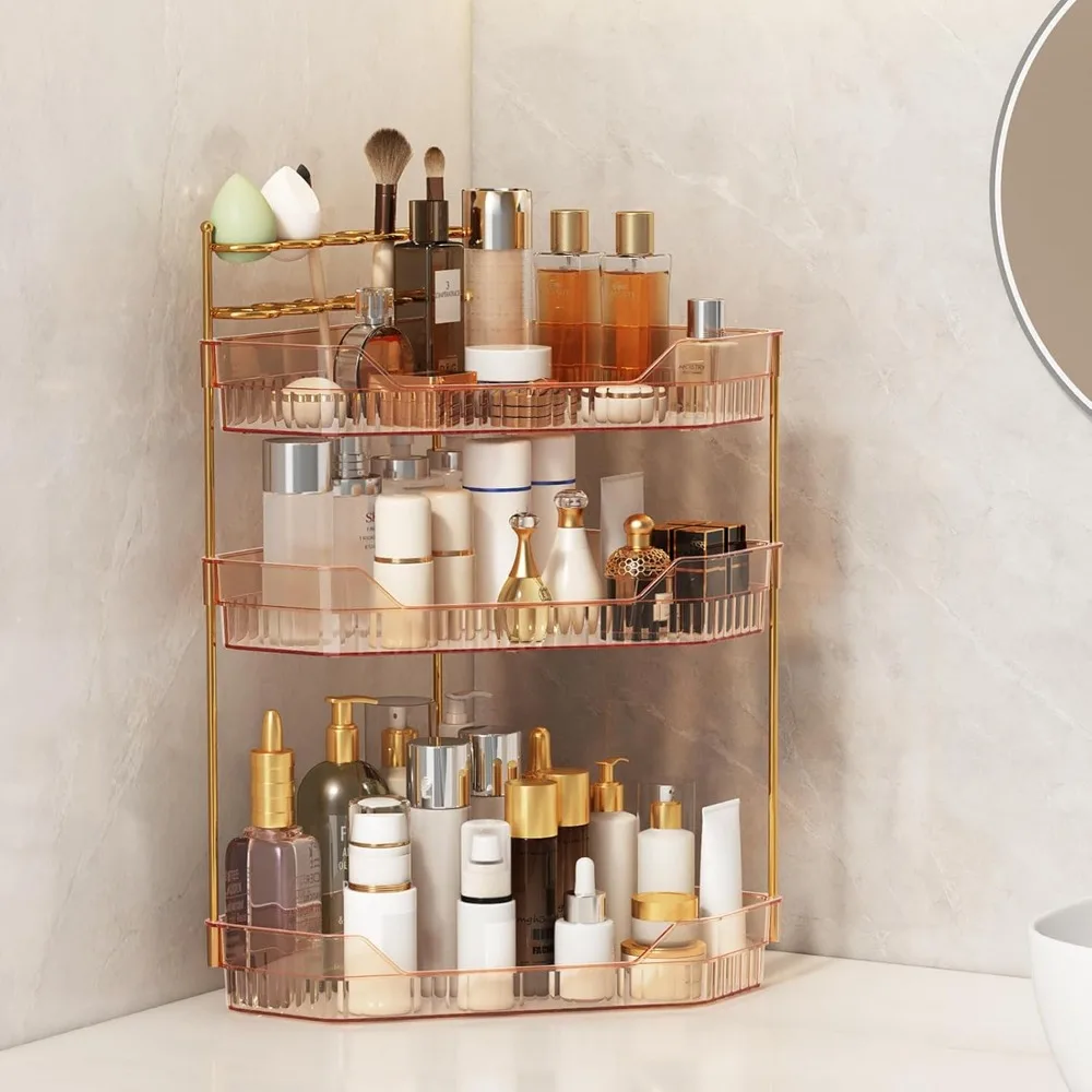 

Corner Bathroom Counter Organizer with Makeup Brush Holder & Toothbrush Holders, Makeup Organizer for Vanity Countertop,