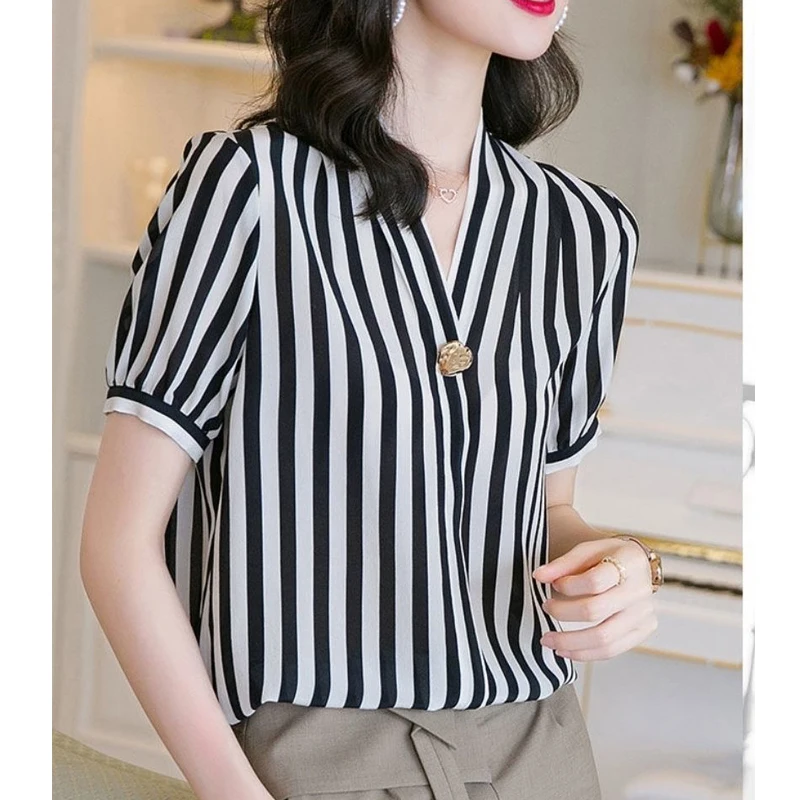 High Quality Silk Korean Fashion Women V-neck Elegant Chic Striped Shirts 2023Summer Casual Short Sleeve Loose Blouse Top Female