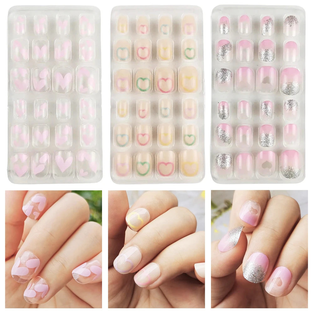72 Pcs Heart Kids Nails Press On Love Image False Nail Art Tips Pre-glue Short Oval Full Cover Fake Nails for Girl Toys