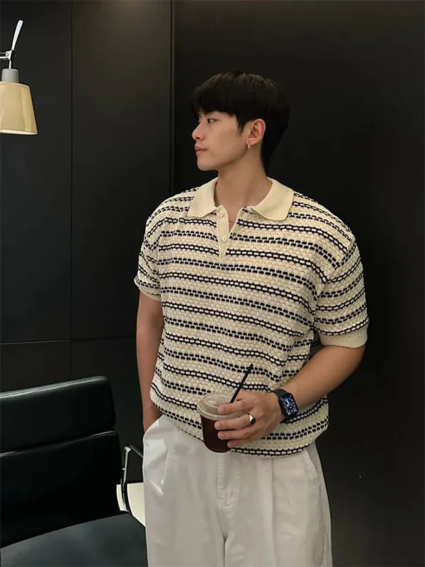 Textured Knitted Short Sleeve  Shirt Henley Neck Striped T-Shirt Summer Wearable Standard Fit Youthful Style Wear Resistant