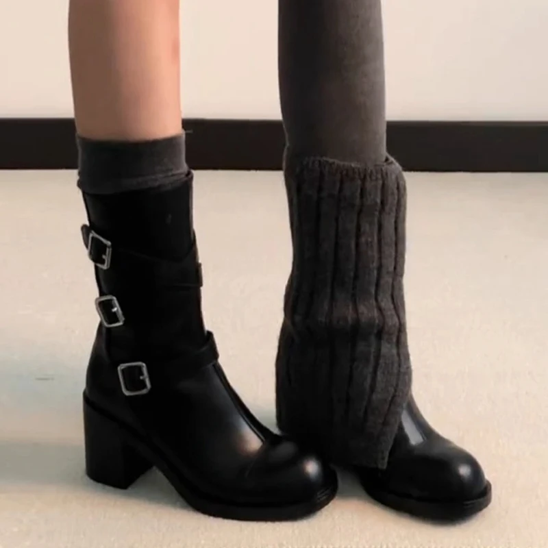 Designer High Heels Women's Boots Elegant Leather Shoes Woman 2025 Winter Warm Fur Snow Boots Chunky Shoes Buckle Ankle Botas