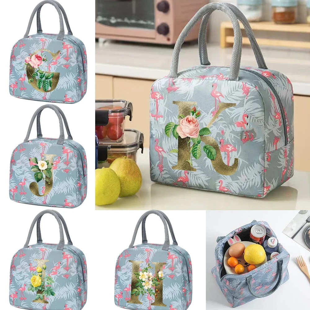 

Lunch Box Thermal Bag Cute Sweet Trendy Tote Food Storage Bag Organizer Kids Blue Flamingo Printing Golden Flower Series