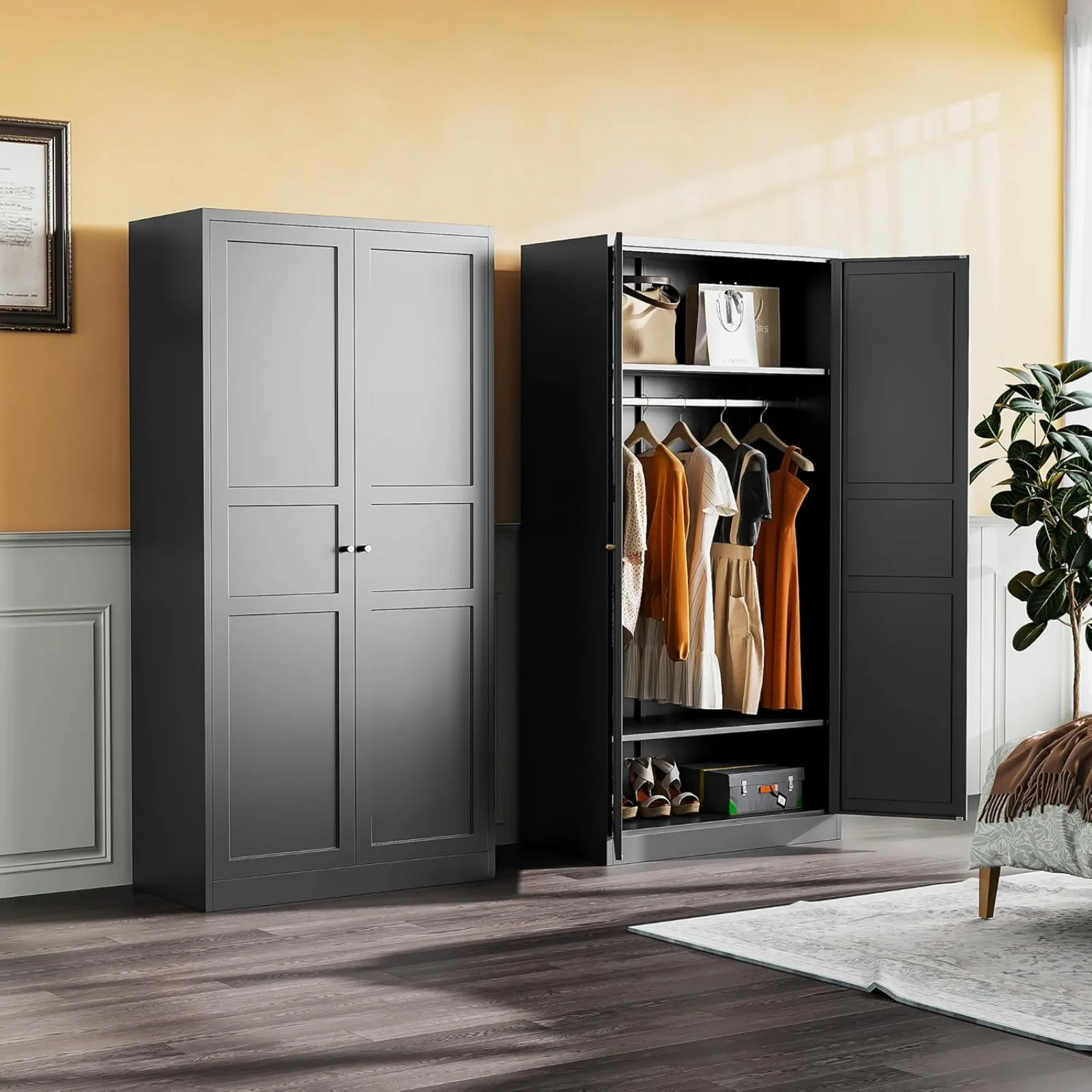 US Metal Wardrobe Cabinet,Armoire Wardrobe Closet with doors,Black Metal Clothing Storage Cabinet with Adjustable Shelves