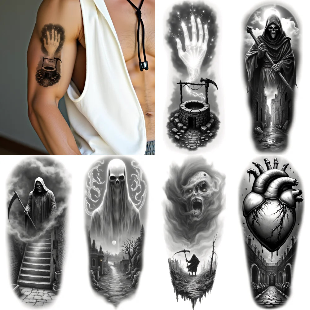 

3 шт., временные татуировки, водостойкие долговечные наклейки на тело, сердце с шипами, мрачный жнец, призрачная фигура для взрослых, бедра