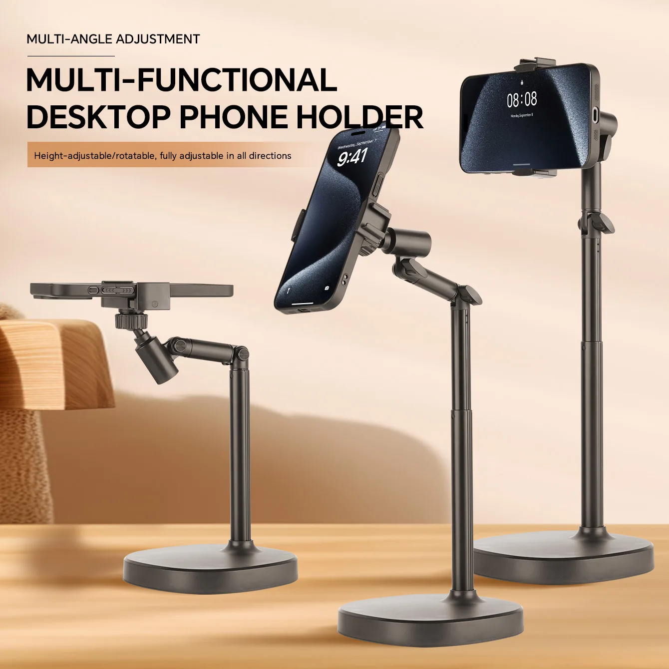 Soporte para teléfono móvil, resistente y duradero, altura ajustable, material ABS universal, soporte para móvil, adecuado para todos los modelos de teléfonos.