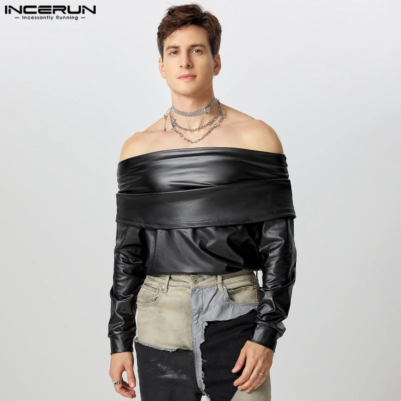 INCERUN 2024 Men Sexy Tops Stylish One Shoulder Design T-shirt Handsome Male Clubwear Hot Sale Solid Long Sleeved Camiseta S-5XL