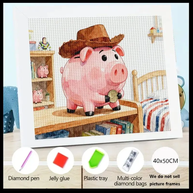 

1PC 5D DIY Diamond Painting Kit, Cute Cartoon Piggy Bank Wearing Cowboy Hat & Holding Coin Animal Art, Full Drill Gem Painting f