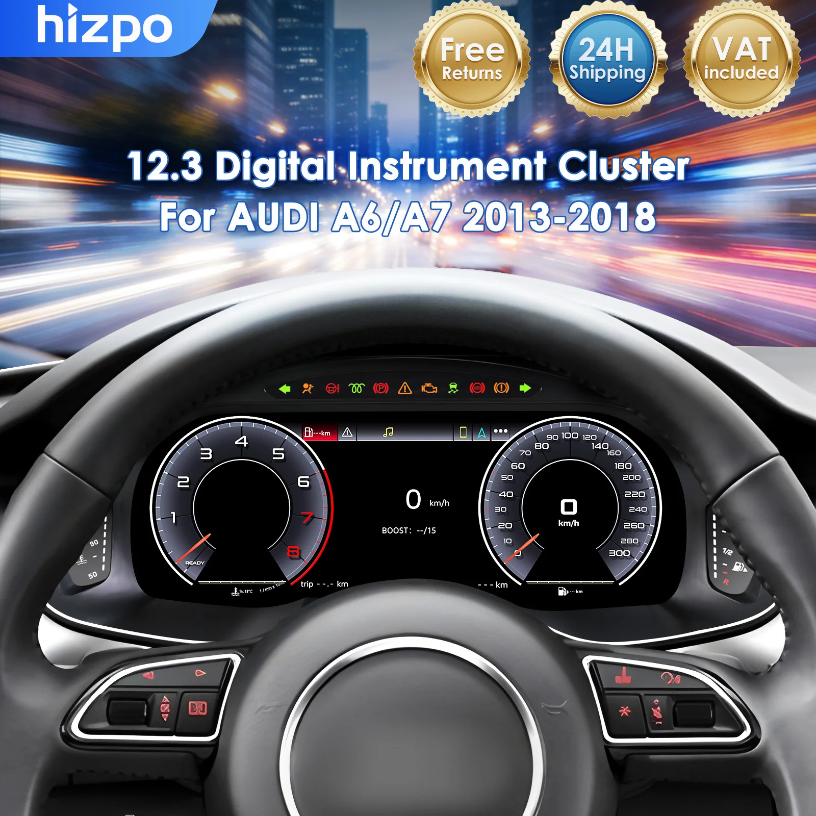 Hizpo 12,3 inch dashboard voor Audi A6 A7 2013 - 2018, digitale metercluster met ondersteuning voor Carplay, HDMI, LCD-scherm, snelheidsmeter, virtuele cockpit