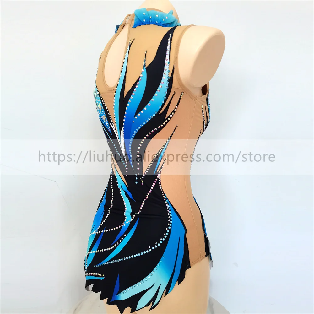 LIUHUO Women Rhythmic Gymnastics Leotards Girls Competition Performance Suit Artistic Dress Dance Sleeveless Ice Skating  Blue