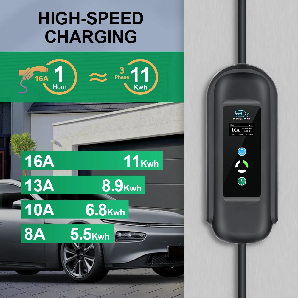 Chiefleed Type 2 3-fase 11KW 220V ~ 450V EV-oplader IEC62196 8A 10A 13A 16A Verstelbaar met EV-houder en handtas CEE EU-stekker