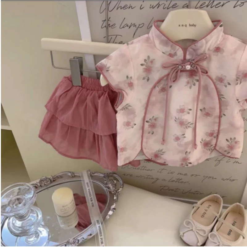 

XH-Girls' Suit Summer New Children's Han Chinese Clothing Short Skirt Baby Princess Dress Summer Little Kids' Two-Piece SuitL551
