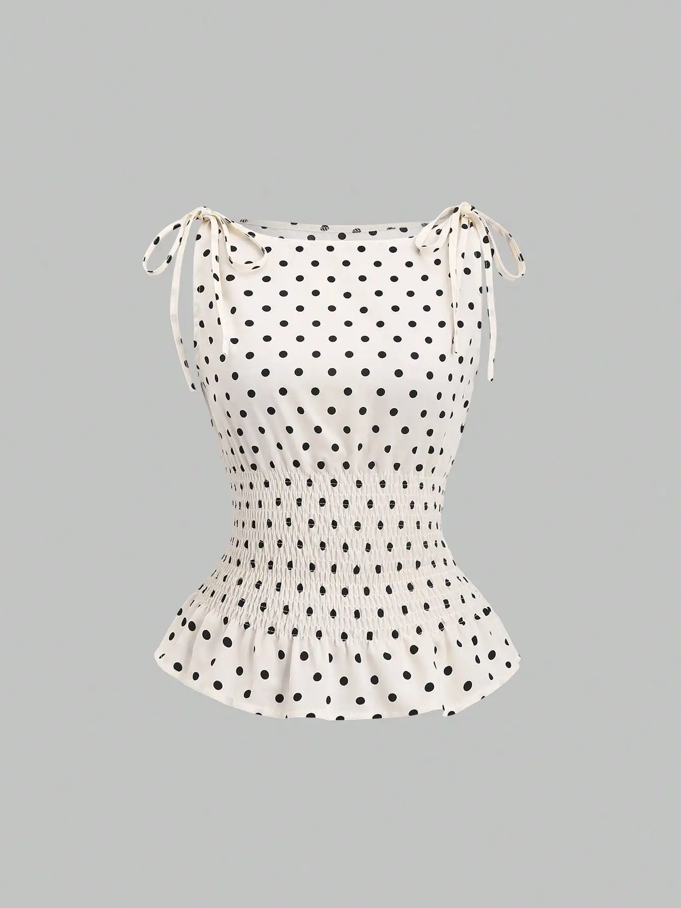 Polka Dot Bow Tie Shoulder Tank Top, Drawstring Waist Slim Fit Elegant, Spring Summer Commute Cami for Women