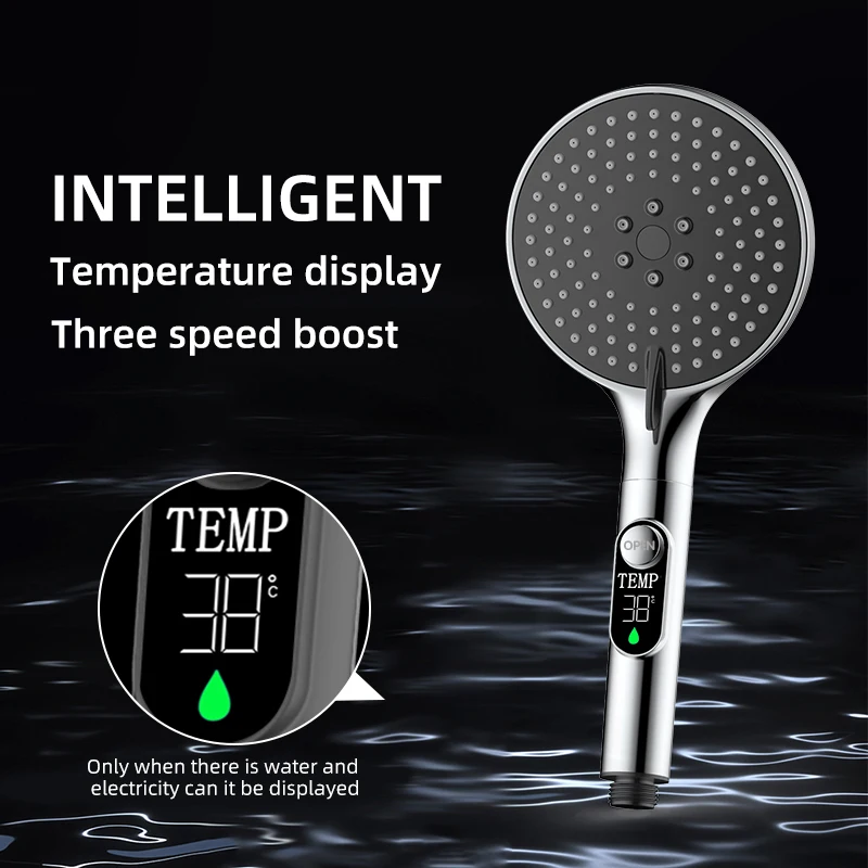 1pc Digital temperature display Handheld LED Showerhead Bathroom accessories Pressurized 4 speed water bath universal