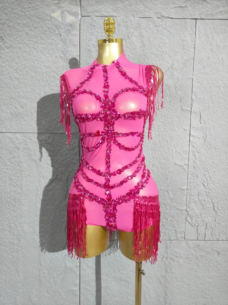 Avant-Garde Sexy Shining Sequins Tassel High Stretch Bodycon Bodysuit Latin Dancer Performance Costume Stage Wear