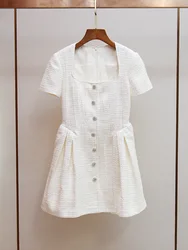 Luxury Crystal Short Sleeve Tweed Dress Women Summer Autumn Single Breasted Diamonds Button Mini Prom Party Dresses