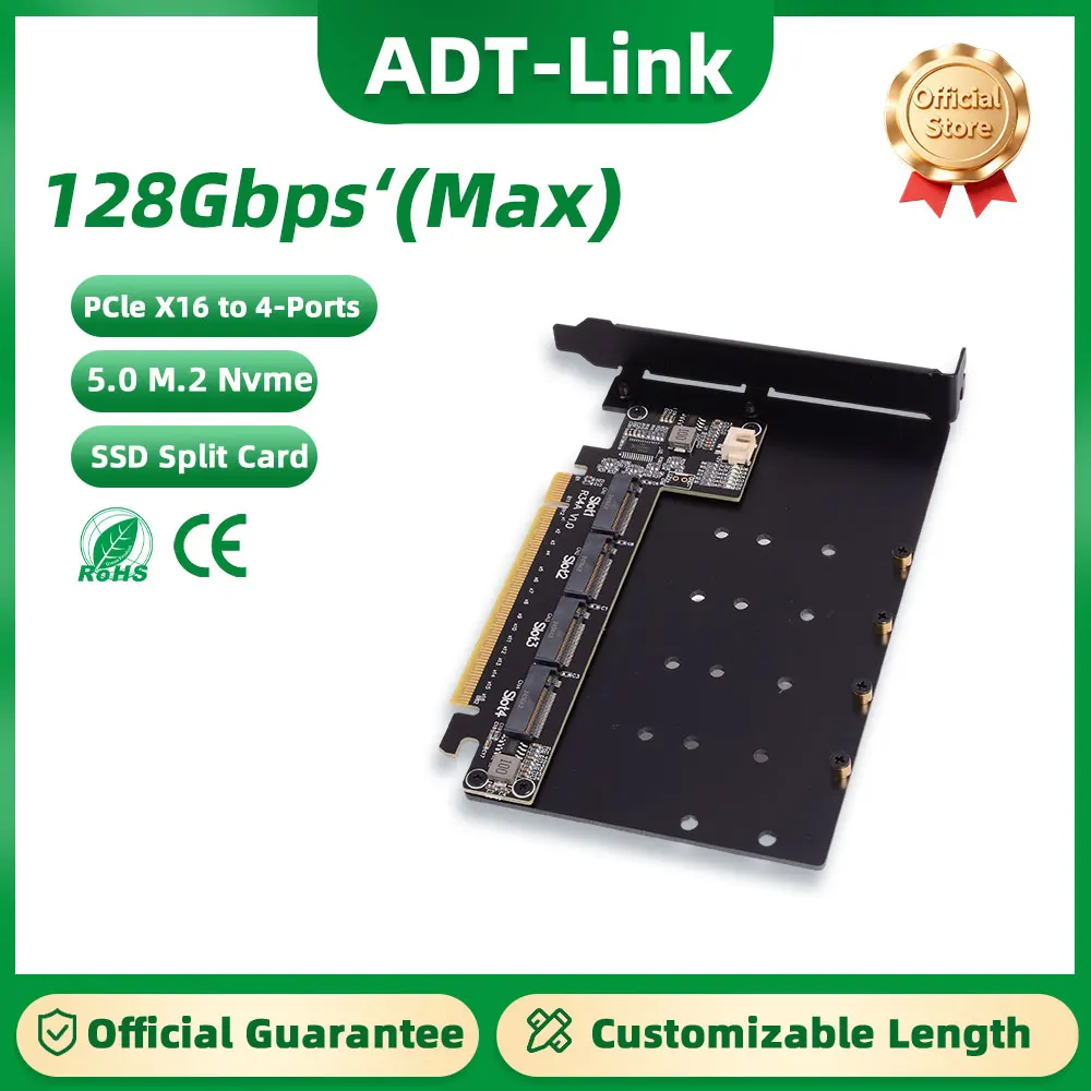 ADT-Link R34A PCIe 5.0 x16 to 4-Port M.2 NVMe SSD Splitter Card 4x128Gbps Bifurcation High Speed Expansion Adapter for PC