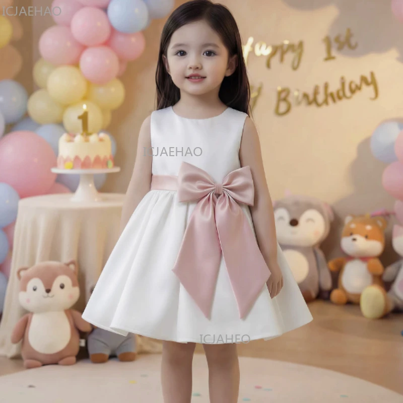

2026 Pink Satin Baby Girl Party Dress New Children First Birthday A Line Princess Gown Pageant Formal Attire Celebration Outfit