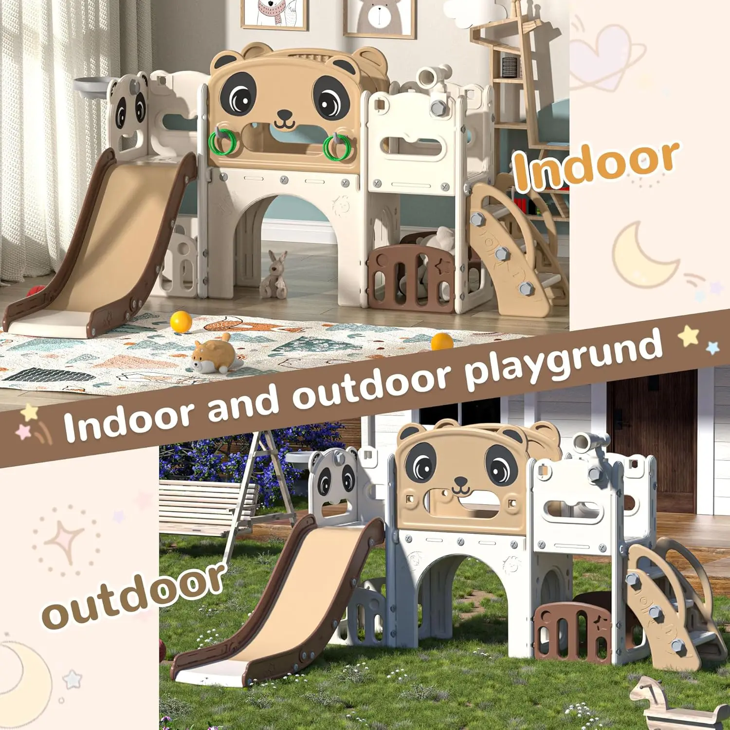 9 in 1 Toddler Slide and Climber Playset Indoor Outdoor Kids Slide with Basketball Hoop,Telescope and Storage Space, Freestandin