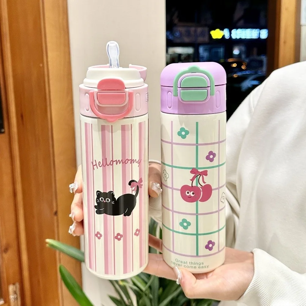 

Portable 316 Stainless Steel Vacuum Flask Double-layer with Straw Thermos Cup Cartoon 520ml Capacity Insulation Cup Hot Travel