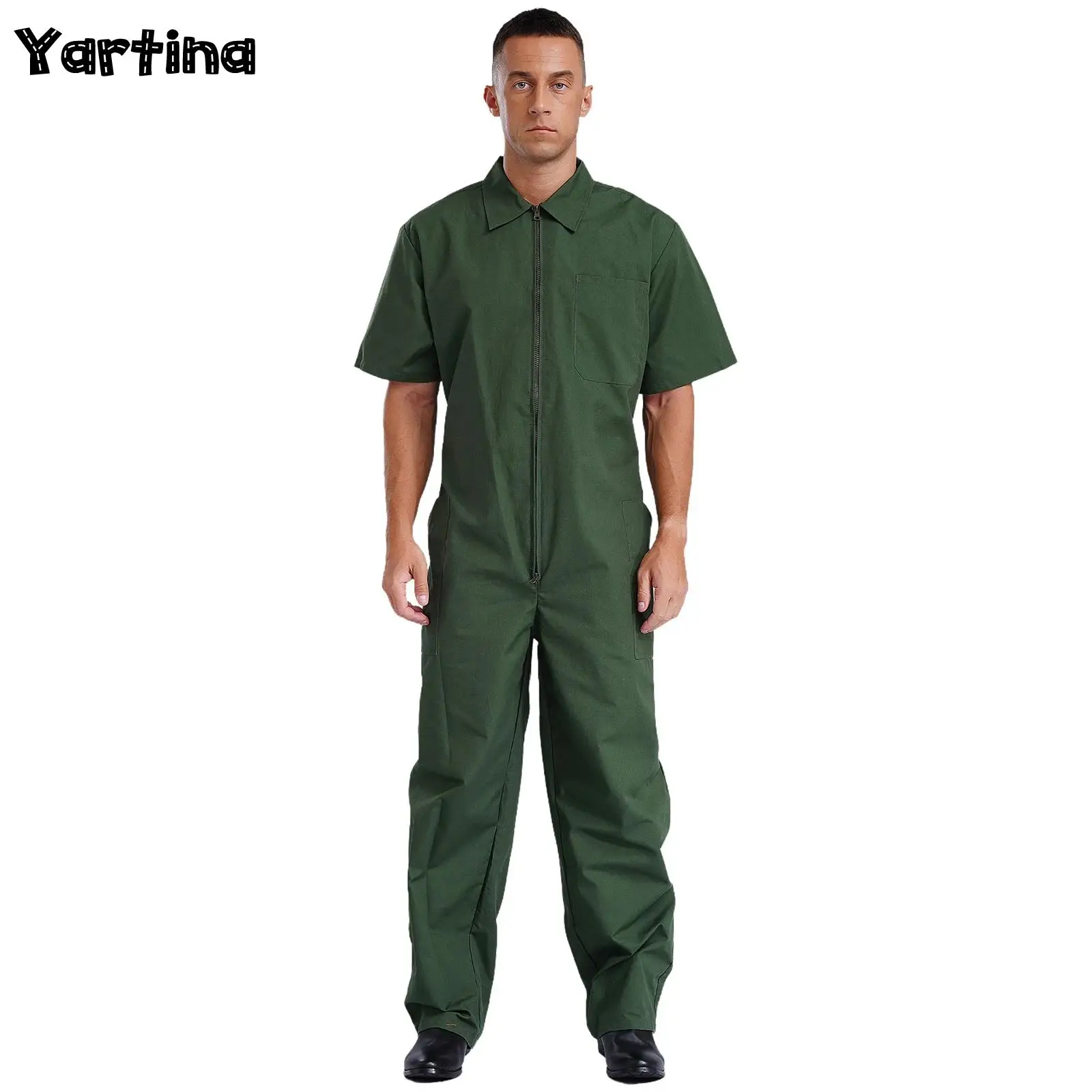 

Mens Coveralls Jumpsuit Zipper Multiple Pockets Rompers Shorts Sleeve Workwear Resistant Dungarees Overalls Workshop Uniform