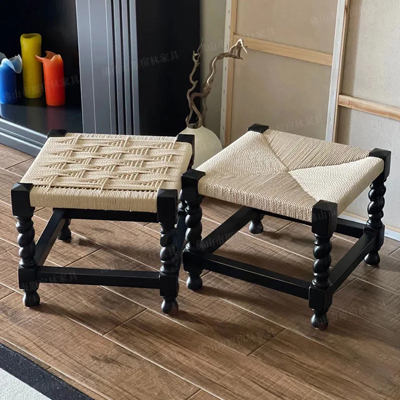 

Solid wood black square carved French woven shoe changing stool living room home low small coffee table