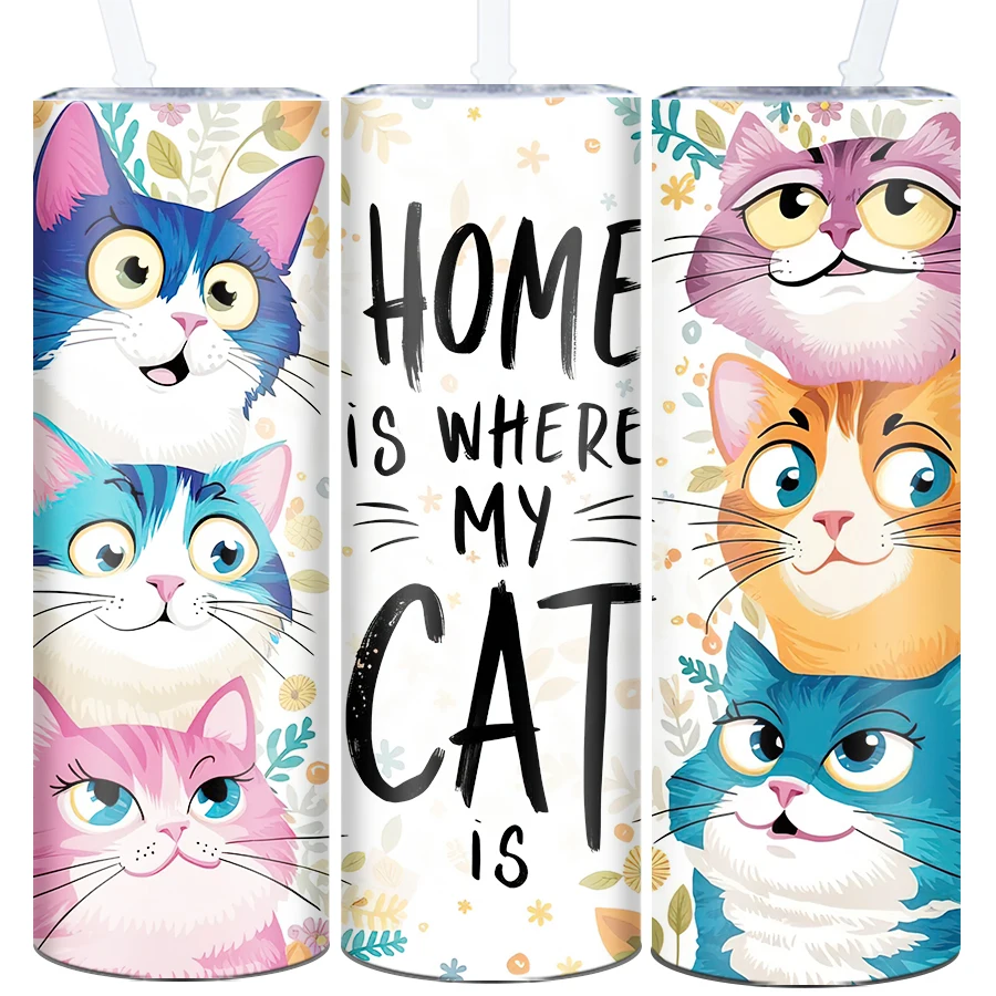 20oz 3D Print Cute Cat Tumbler Straw Lid 1Pc Stainless Steel Insulated Water Mugs Family Party Festive Supplies Birthday Gifts view 6
